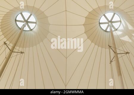 Milton Park, Oxfordshire - 16 September 2020: no people in view. This is the tent-like roof and skylights of a open shelter in Milton Park, Oxfordshir Stock Photo