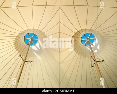 Milton Park, Oxfordshire - 16 September 2020: no people in view. This is the tent-like roof and skylights of a open shelter in Milton Park, Oxfordshir Stock Photo