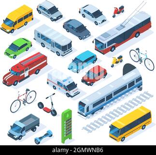 Isometric public city transport, scooter, bus, fire engine. Public municipal and private cars, ambulance, truck and train vector illustration set Stock Vector