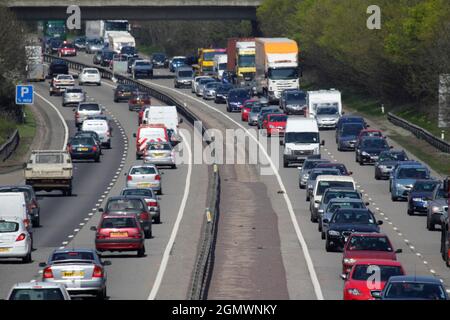 Oxford, England - 2010; Heavy traffic on the A34 highway just outside Oxford. The A34 is a major route from the ports on the South Coast of England to Stock Photo