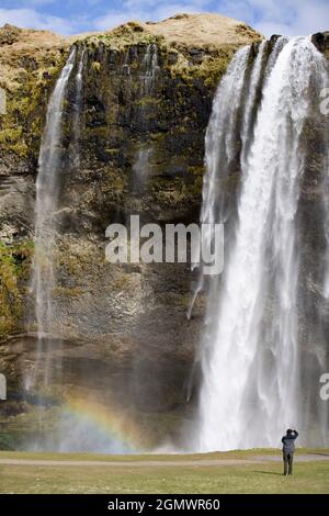 Seljalandsfoss, Iceland - 26 May 2006; Seljalandsfoss is a spectacula and tall (60m) waterfall, Seljalandsfoss is located in the South Region in Icela Stock Photo