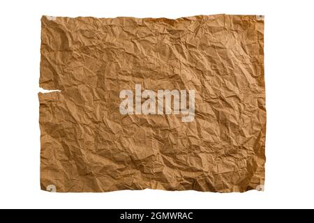 Square piece of ragged crumpled brown kraft paper sheet isolated on white background Stock Photo