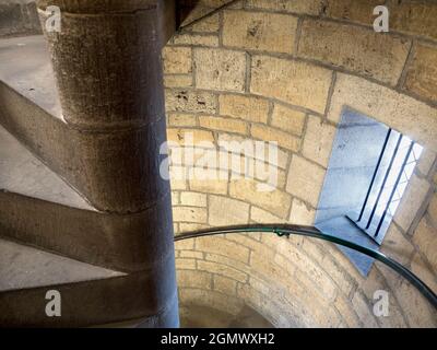 Oxford, England - 25 August 2017  Spiral staircases can be places of great visual impact and abstract beauty, as shown by this fine medieval example l Stock Photo