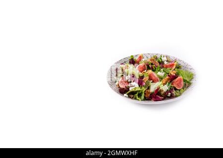 Figs salad with cheese and walnuts isolated on white background Stock Photo