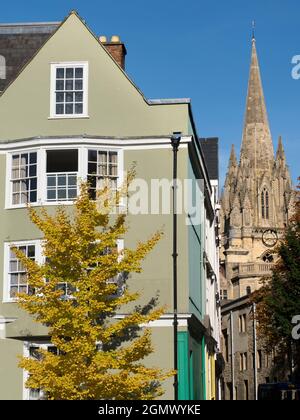 The University Church of St Mary the Virgin is a prominent Oxford church situated on the north side of the High Street, facing Radcliffe Square. It is Stock Photo