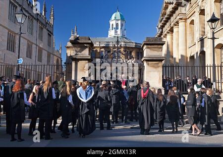 Oxford, England - 2018; Every year there is a matriculation ceremony for students of Oxford University, complete with pomp, ritual and much joy. Here Stock Photo