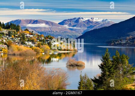 Queenstown, New Zealand - 21 May 2012 A fabulous view of Queenstown from the foothills of the Remarkables mountain range. Queenstown is a scenic resor Stock Photo