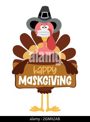 Happy Maskgiving 2021 - Thanksgiving Day poster with cute turkey wearing mask. Autumn color poster. Awareness lettering phrase. Coronavirus (2019-nCoV Stock Vector