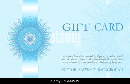 Gift card with a blue snowflake. Winter design in pastel hues. Elegant guilloche. Abstract background. Line art pattern. Vector coupon layout. EPS10 Stock Vector