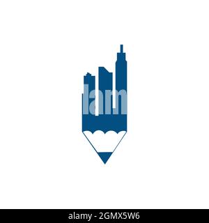 abstract pencil city town logo icon flat concept vector graphic design Stock Vector
