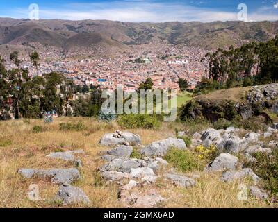 Sacsayhuaman, Peru - 15 May 2018 The ancient Inca ruins at Sacsayhuaman are located at an altitude of 3,700m overlooking the city of Cusco, the ancien Stock Photo