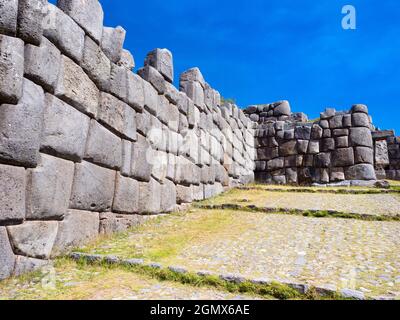 Sacsayhuaman, Peru - 15 May 2018 The ancient Inca ruins at Sacsayhuaman are located at an altitude of 3,700m overlooking the city of Cusco, the ancien Stock Photo