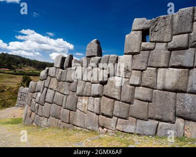 Sacsayhuaman, Peru - 15 May 2018 The ancient Inca ruins at Sacsayhuaman are located at an altitude of 3,700m overlooking the city of Cusco, the ancien Stock Photo