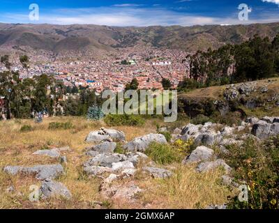 Sacsayhuaman, Peru - 15 May 2018 The ancient Inca ruins at Sacsayhuaman are located at an altitude of 3,700m overlooking the city of Cusco, the ancien Stock Photo