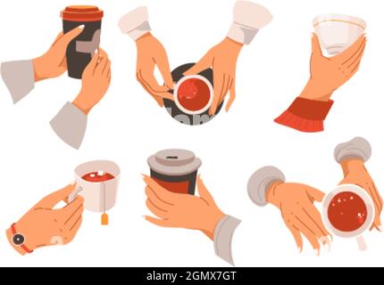 Hands with cups of coffee and tea, takeaway drinks Stock Vector