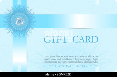 Gift card conceptual design. Blue snowflake and glowing ribbon. Elegant guilloche. Abstract background. Line art pattern. Vector coupon layout. EPS10 Stock Vector