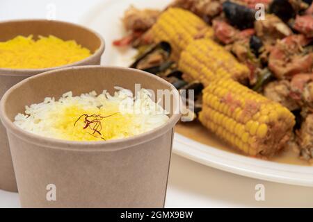 Homemade Cajun Seafood Boil with Lobster Crab and Shrimp with rice Stock Photo