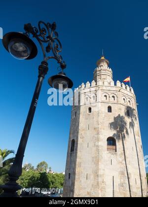 Seville, Andalucia, Spain - 31 May 2016; no people in view. The Torre del Oro (Tower of Gold) is a famous landmark of the city of Sevilla in Andalucia Stock Photo