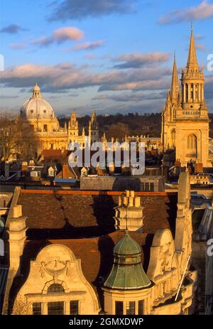 Oxford, England - 2015; This is a panoramic view of Oxford from Carfax Tower - the last remaining part of a 12th century church, The ornate facades of