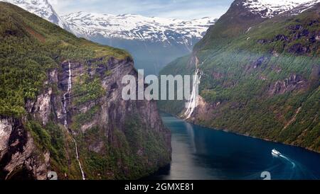 The magnificent Geiranger Fjord is located in the Sunnm¿re region of M¿re og Romsdal county, Norway. One of Norway's most popular tourist attractions, Stock Photo