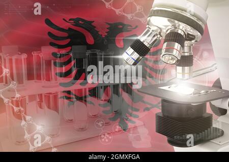 Microscope on Albania flag - science development digital background. Research of vaccine design concept, 3D illustration of object Stock Photo