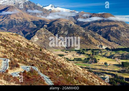 Queenstown, New Zealand - 21 May 2012 A fabulous view of Queenstown from the foothills of the Remarkables mountain range. Queenstown is a scenic resor Stock Photo