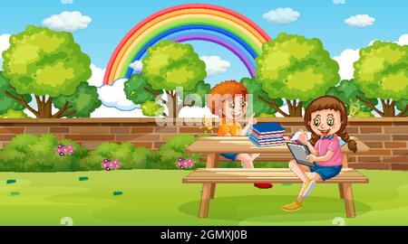 Kids leaning online with tablet in the park illustration Stock Vector