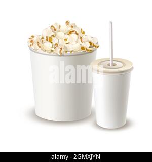Bucket with popcorn and paper drink cup Stock Vector