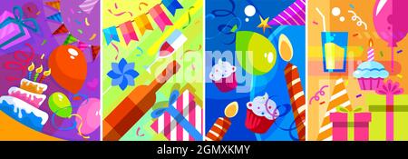 Collection of Happy Birthday posters. Postcard designs in cartoon style. Stock Vector