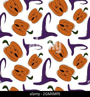 Colored Halloween cartoon seamless pattern with witch hat and jack o'lantern pumpkin. Spooky design for party dishes, holiday wrapping paper Stock Vector