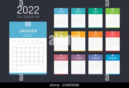 Year 2022 monthly calendar, in French language. Vector template. Stock Vector