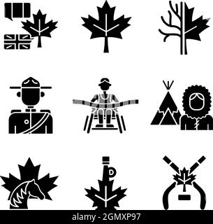 Canadian representation black glyph icons set on white space Stock Vector