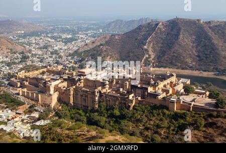 Amber fort near Jaipur city, Rajasthan, India, view from the upper fortress on Amber palace and town Stock Photo