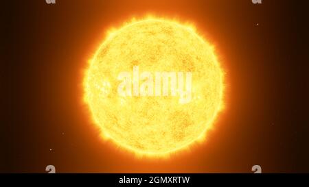 The Sun with solar flares on its surface, as seen from space. 3D Illustration. Stock Photo