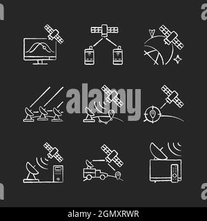 Artificial satellites chalk white icons set on dark background Stock Vector