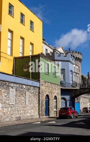 DUBLIN, IRELAND - Mar 21, 2021: Ireland, Dublin, a street view of colourfully painted buildings in the west part of Dublin Castle Stock Photo