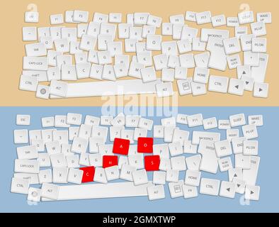 Realistic white keys of broken computer keyboard are sprinkled on table. Chaos and confusion in workplace. Vector for any color of background Stock Vector