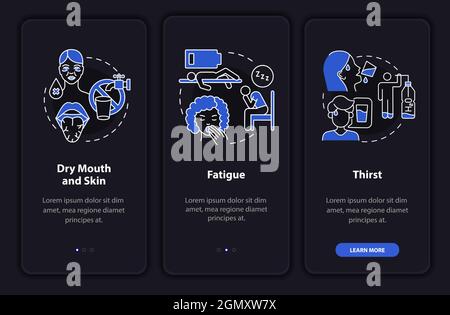 Dehydration symptoms dark onboarding mobile app page screen Stock Vector