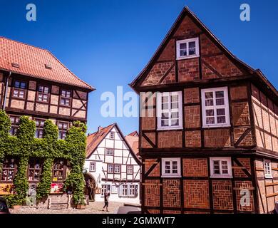 Old town with half-timbered houses of Quedlinburg in the Harz Stock Photo
