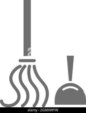 Vector cleaning tools, scoop, broom grey icon. Stock Vector