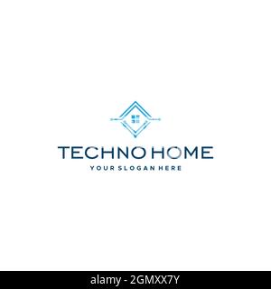 minimalist TECHNO HOME square circuit logo design Stock Vector