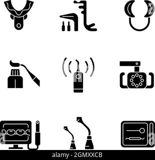 Dental check up black glyph icons set on white space Stock Vector