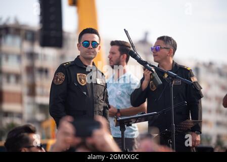 Izmir, Turkey - September 9, 2021: F16 demo team member Captain M. Bircan Bicer greets the people at Izmir Gundogdu square on the liberty day of Izmir Stock Photo