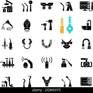 Dentistry tools and materials black glyph icons set on white space Stock Vector
