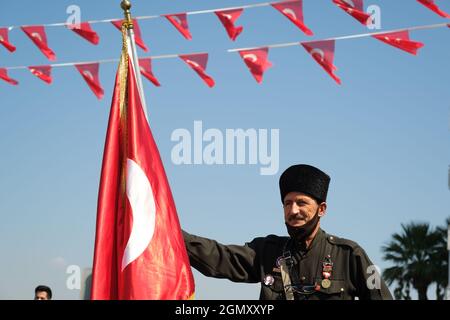 Izmir, Turkey - September 9, 2021: Related of Canakkale War veteran on the ceremony of liberty day of Izmir Stock Photo
