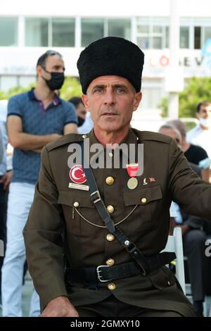 Izmir, Turkey - September 9, 2021: Related of Canakkale War martyr Ridvan Yilmazer on the ceremony of liberty day of Izmir Stock Photo