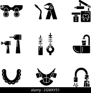 Dental visit black glyph icons set on white space Stock Vector