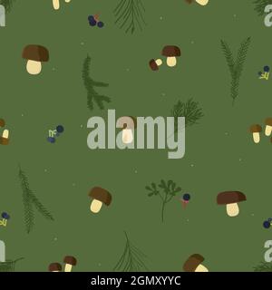 Forest mushrooms and tree branches - vector background Stock Vector