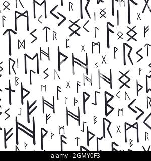 Runes seamless ethnic pattern. Runic alphabet, Futhark. Ancient norse occult symbols, black vikings letters on white, rune font. Design for fabric, wa Stock Vector