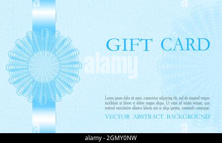 Gift card decorated with openwork pattern. Elegant design in blue hues. Vector abstract background. Template for coupon, voucher, certificate. EPS10 Stock Vector